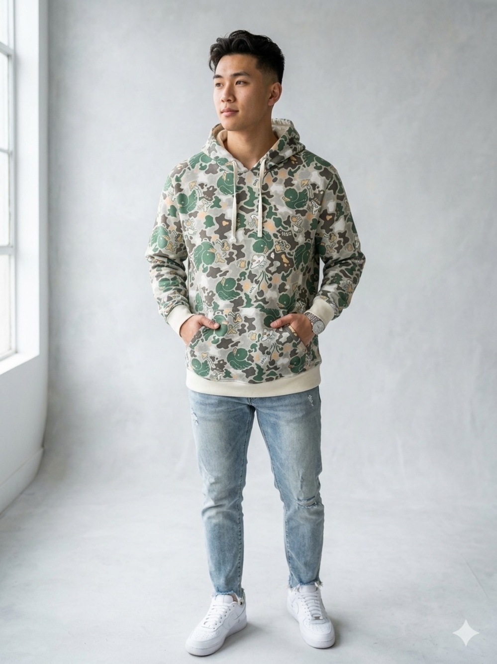 NEFF Men's Hoodie Sweatshirt Kangaroo Pocket Tan Mushroom & Duck Camo Size M